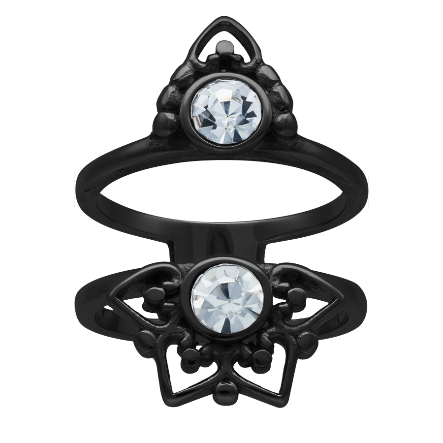 Schwarzer Ring mit Kristall auf weißem Hintergrund, Größe 17mm