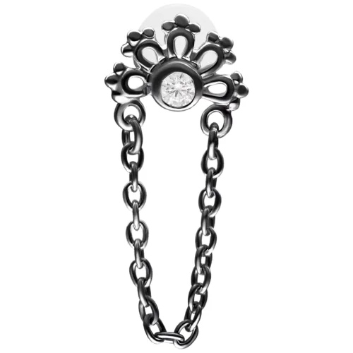 Schwarzes Crystal Sunrise Labret mit 5,0 mm Platte und Kette auf weißem Hintergrund