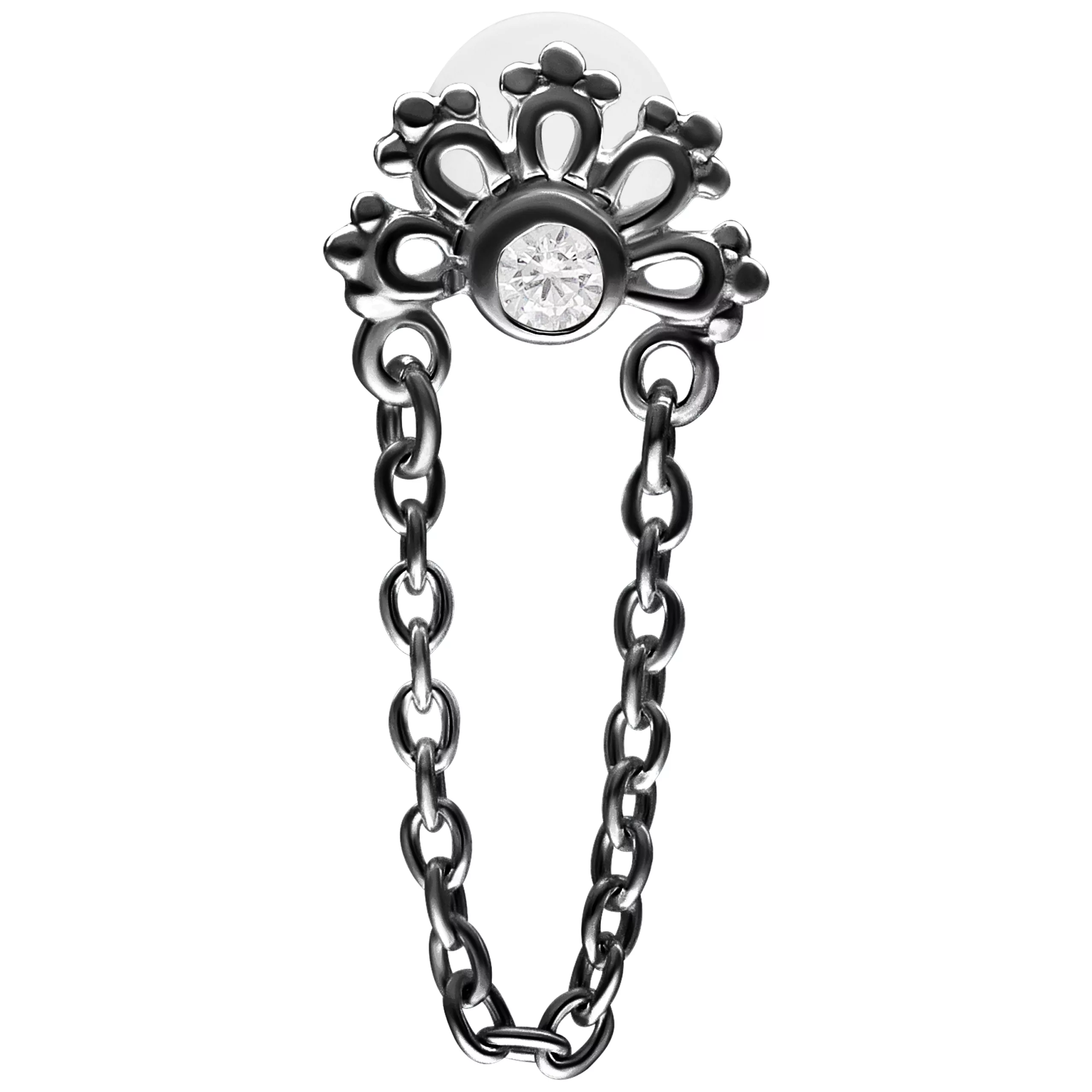Schwarzes Crystal Sunrise Labret mit 5,0 mm Platte und Kette auf weißem Hintergrund