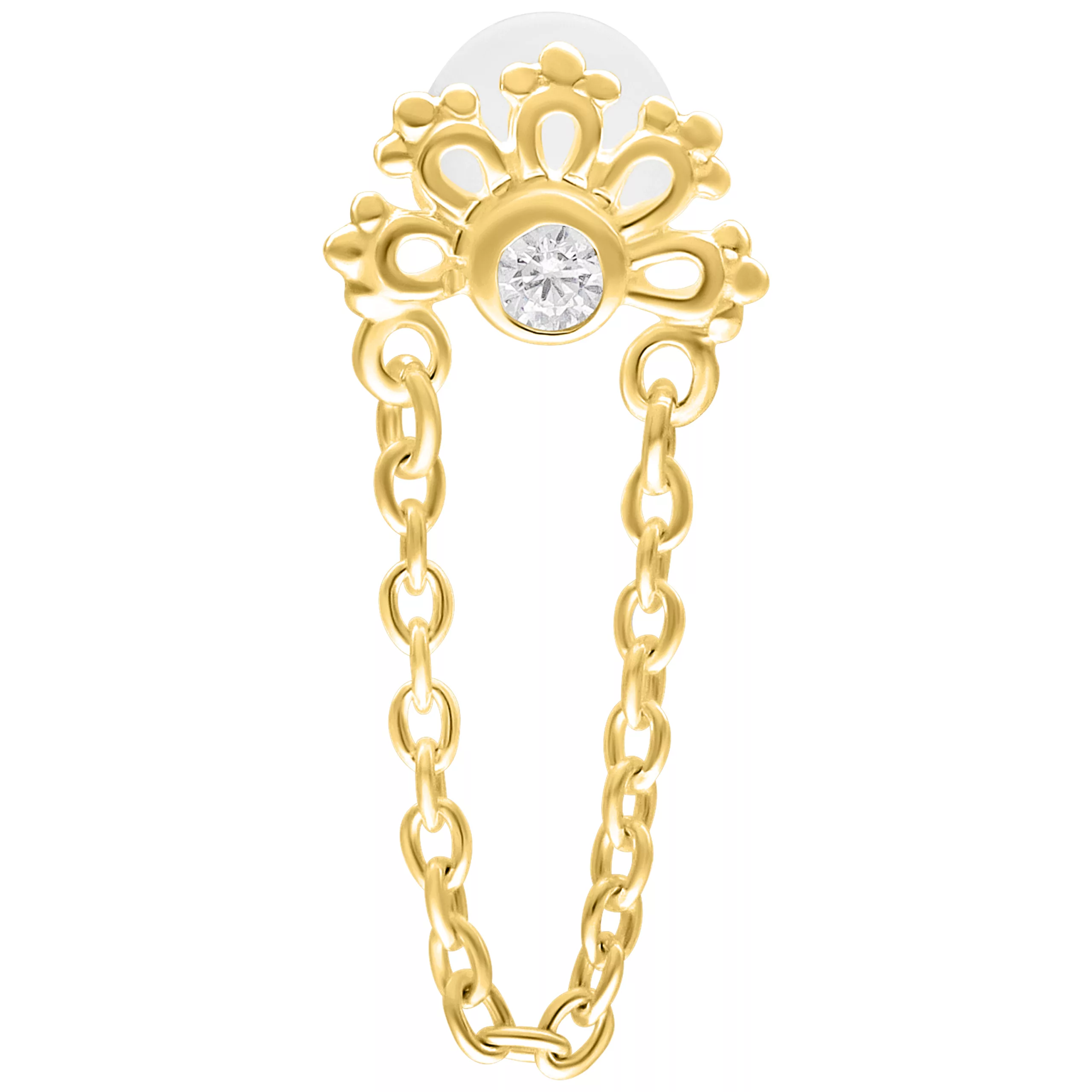 Goldenes Labret mit funkelndem Kristall und Kettendesign auf weißem Hintergrund