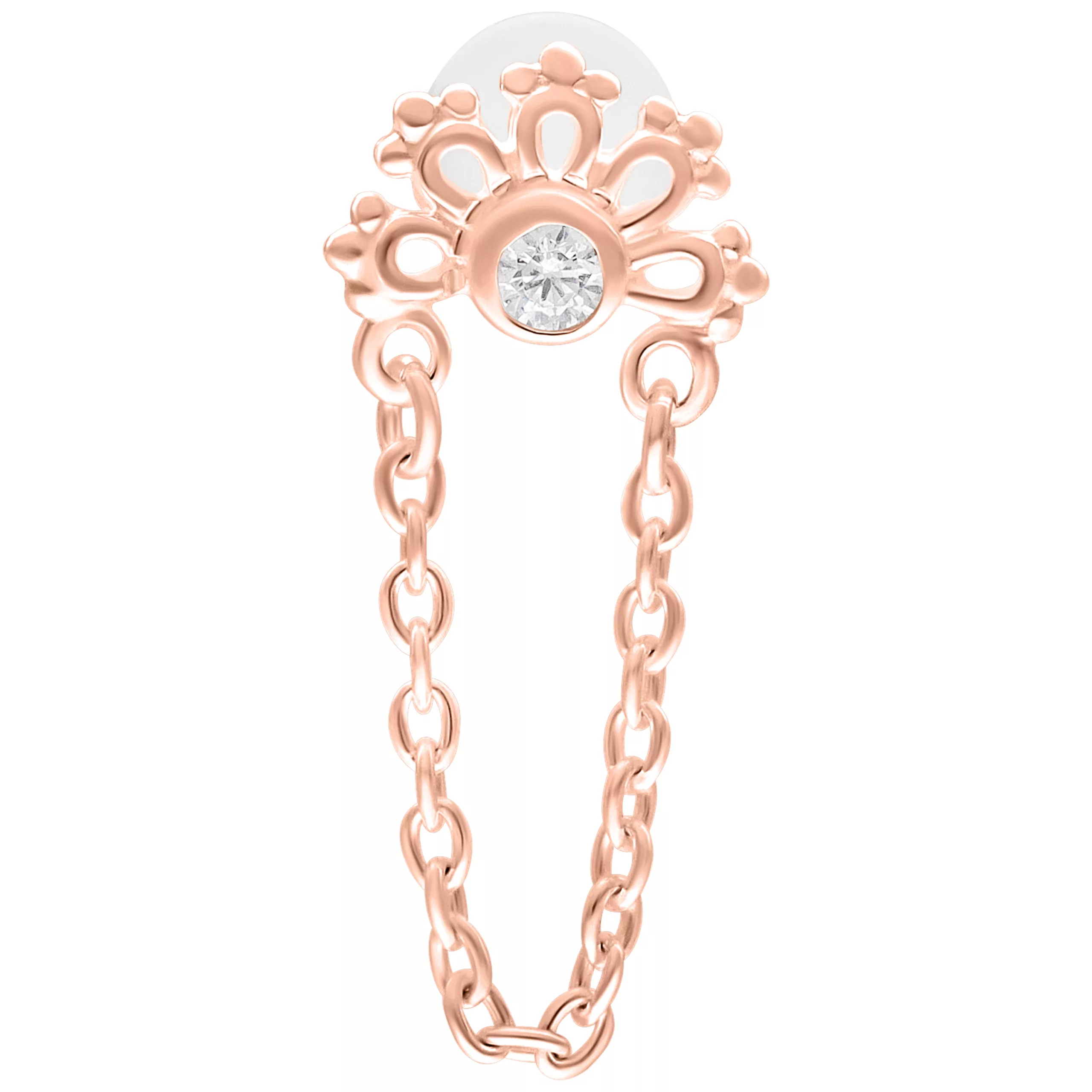 Roségoldenes Labret mit Kristall und Kettenelement auf weißem Hintergrund