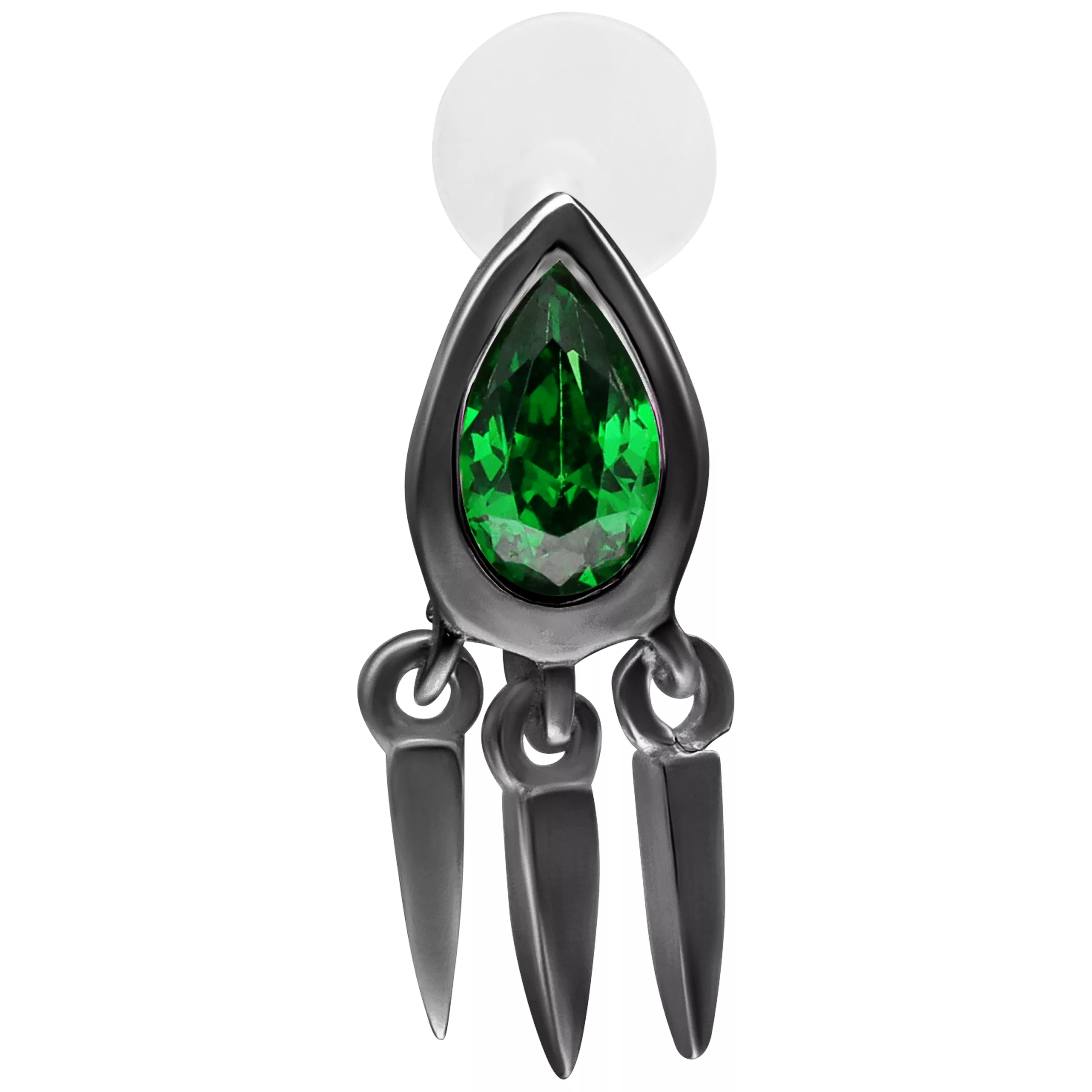 Schwarzes Labret mit grünem Smaragd, 5,0 mm, auf weißem Hintergrund