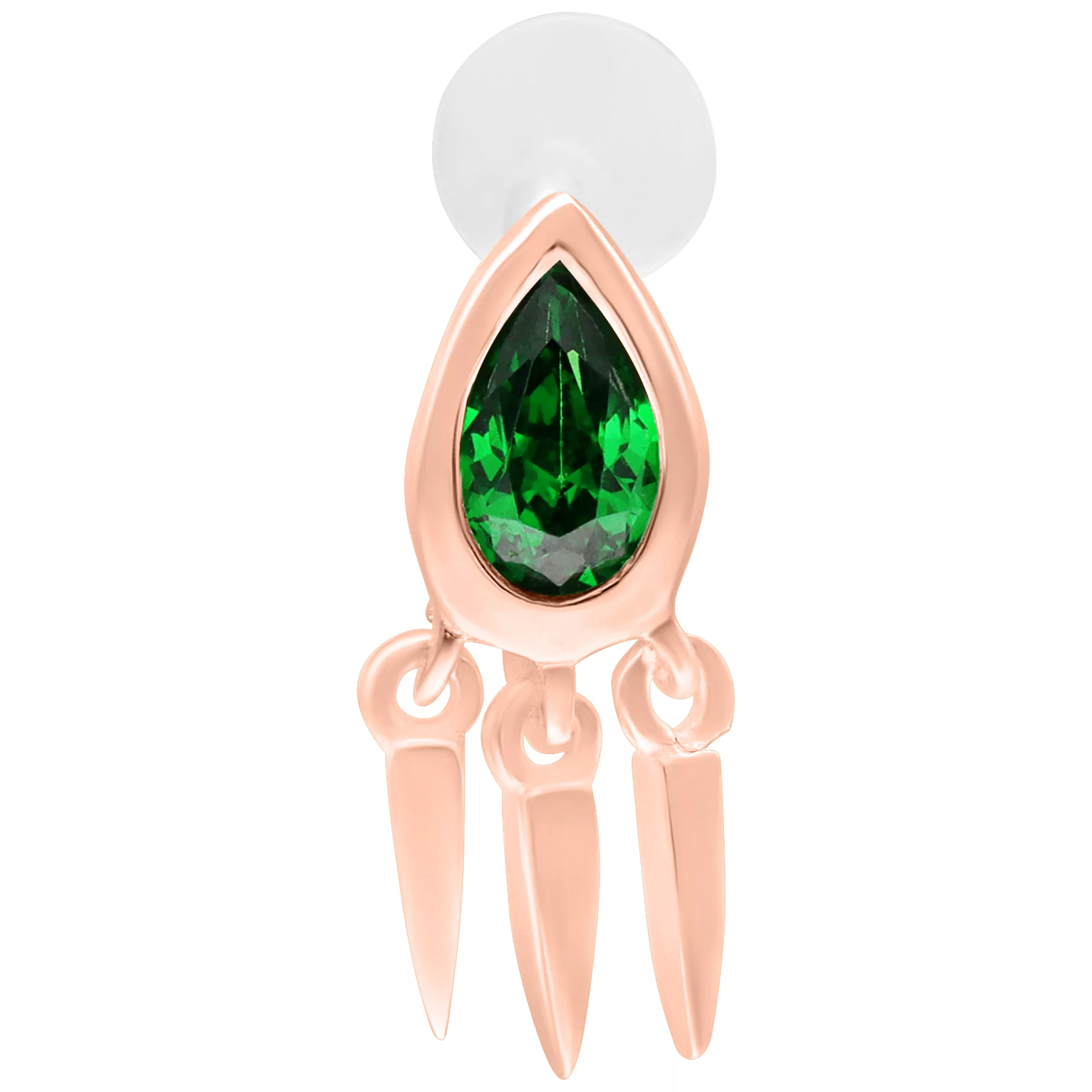 Grüner Smaragd Push Fit Labret, Roségold, 5 mm auf weißem Hintergrund