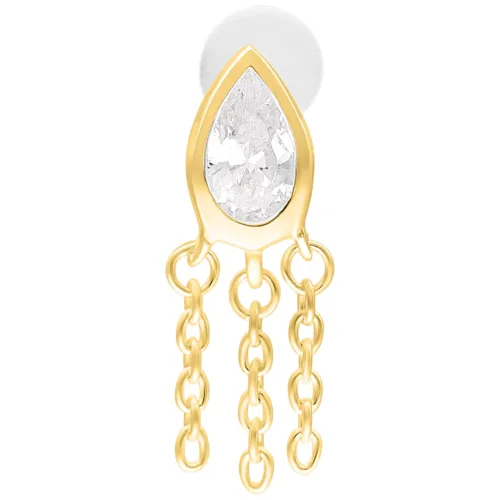 Goldenes Labret mit tropfenförmigem Stein und drei Ketten auf weißem Hintergrund
