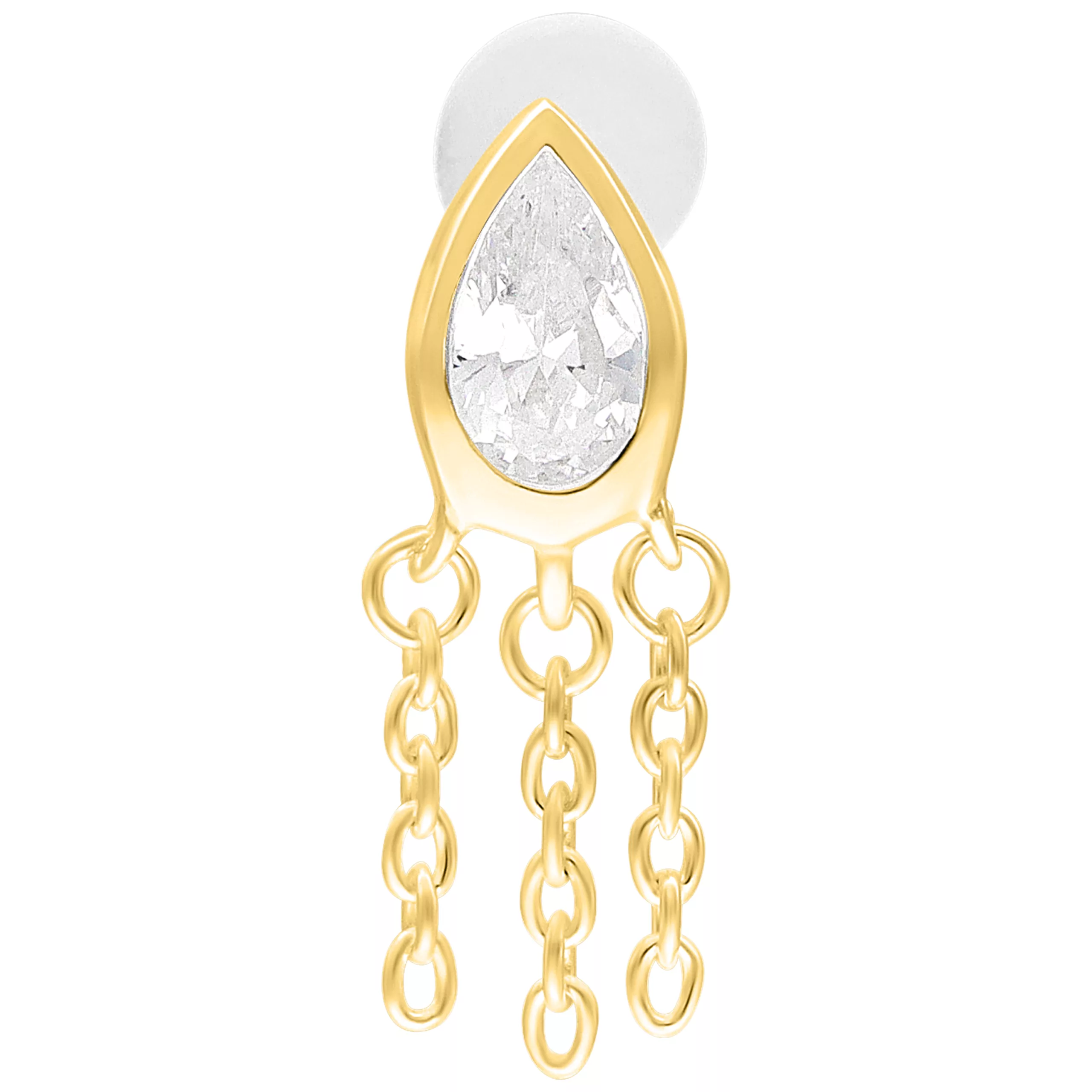 Goldenes Labret mit tropfenförmigem Stein und drei Ketten auf weißem Hintergrund