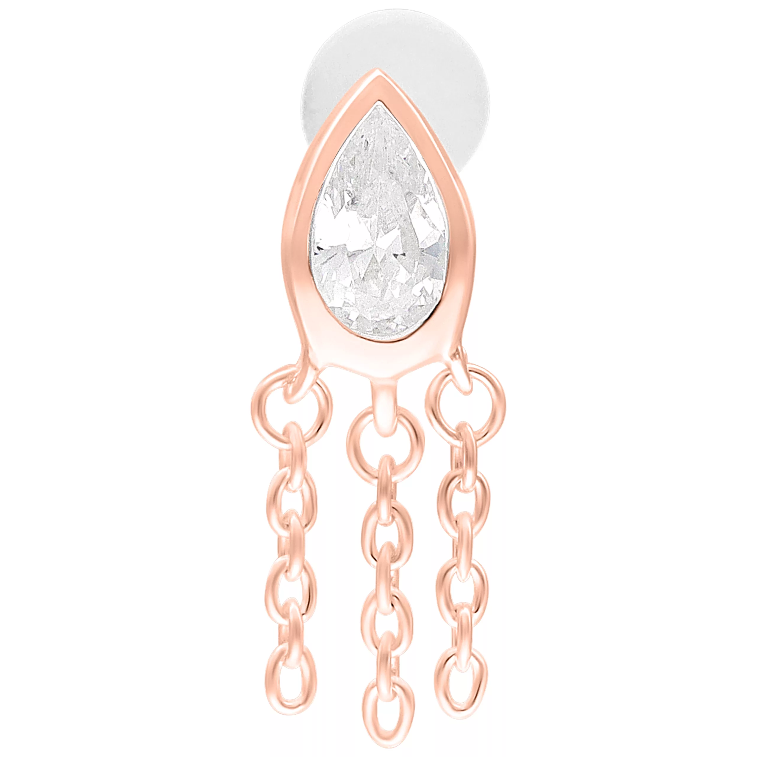 Roségoldenes Labret-Piercing mit Tropfen-Design und Kettenanhängern auf weißem Hintergrund