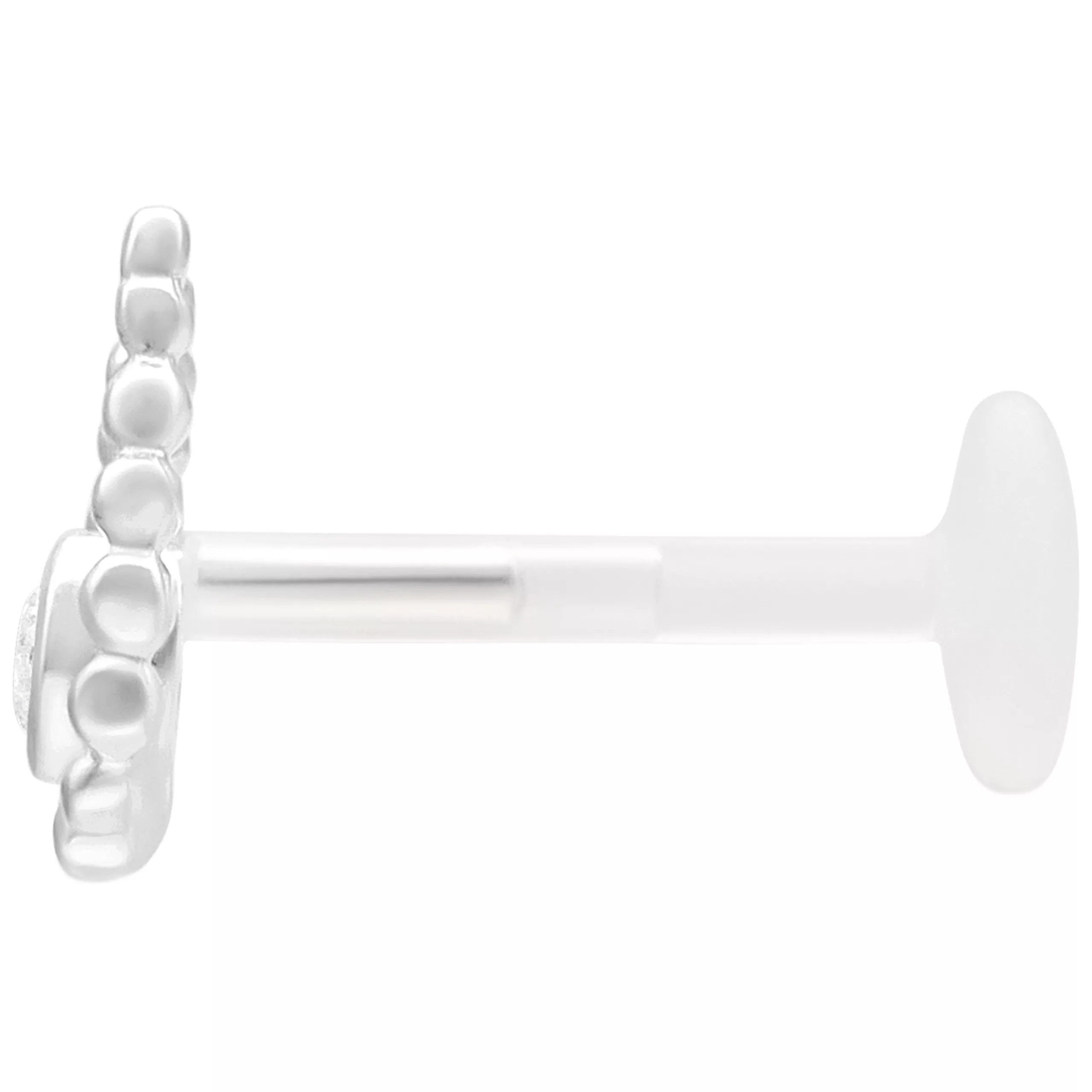 Silberfarbener Push Fit Labret mit 5,0 mm Durchmesser auf weißem Hintergrund