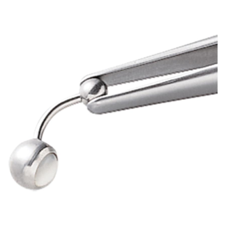 Ball Fix Zange aus Edelstahl, präzise Nahaufnahme einer silbernen Ball Fix Zange aus Edelstahl vor weißem Hintergrund