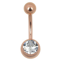 Roségold Bananabell mit Kristallklar Stein, 8mm Roségoldenes Bauchnabelpiercing mit kristallklarem Stein auf weißem Hintergrund
