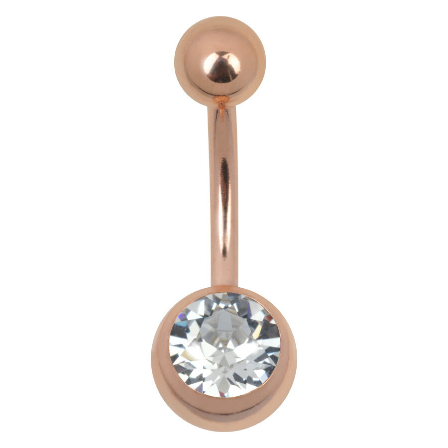 Roségold Bananabell mit Kristallklar Stein, 8mm Roségoldenes Bauchnabelpiercing mit kristallklarem Stein auf weißem Hintergrund