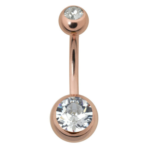 Roségoldenes Bauchnabelpiercing mit zwei kristallklaren Steinen auf weißem Hintergrund