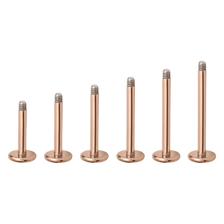 Sechs rosegoldene Micro Labrets aus Titan auf weißem Hintergrund