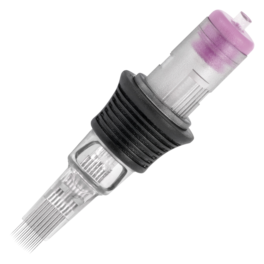 Magnum Curved Cartridges 20 Stk Tattoo Nadeln Tattoo Nadelmodul mit schwarzem Griff und durchsichtigem Gehäuse auf weißem Hintergrund