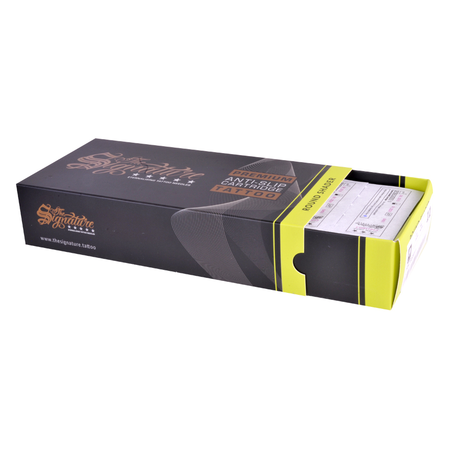 Wildcat Round Shader Cartridges Box Schwarze Verpackung mit gelben Akzenten für Round Shader Cartridges von Wildcat