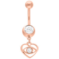 Roségoldenes Dangling Eye Bananabell 12mm Roségoldenes Bananabell mit klarem Kristall und hängendem Herzdesign auf weißem Hintergrund