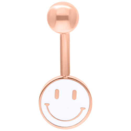 Bauchnabel-Piercing mit Smiley-Motiv in Roségold auf weißem Hintergrund