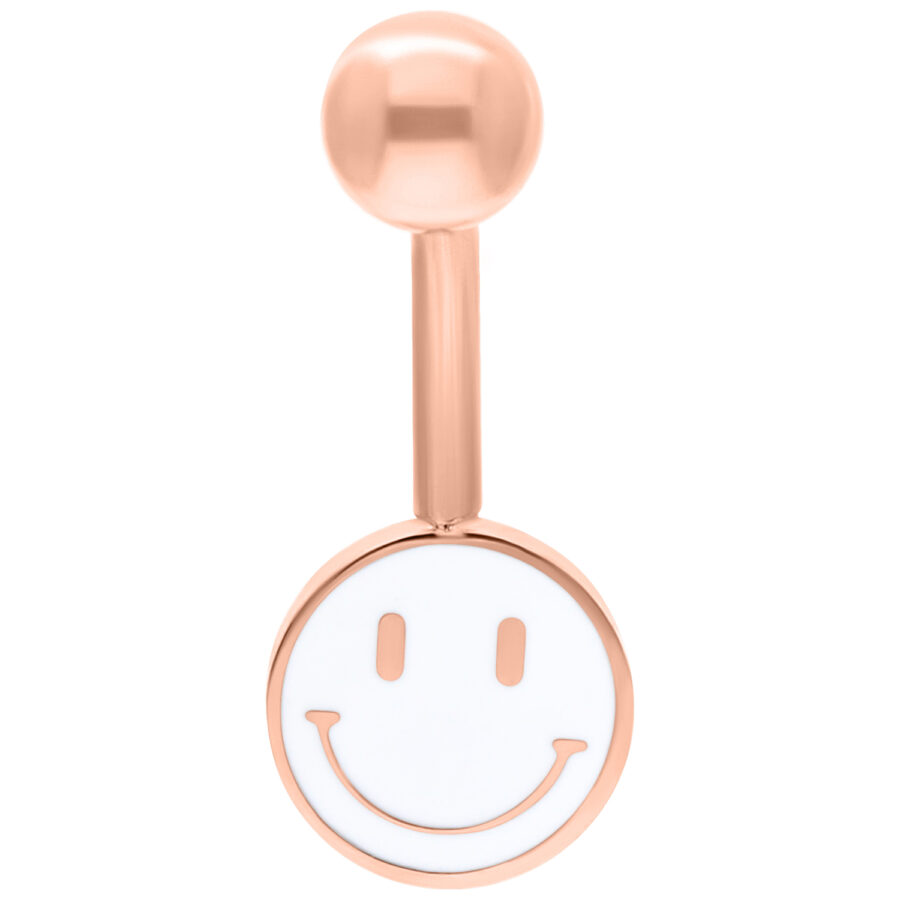 Bauchnabel-Piercing mit Smiley-Motiv in Roségold auf weißem Hintergrund