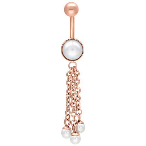 Roségoldenes Bauchnabelpiercing mit Perlenanhänger, Länge 10 mm, auf weißem Hintergrund