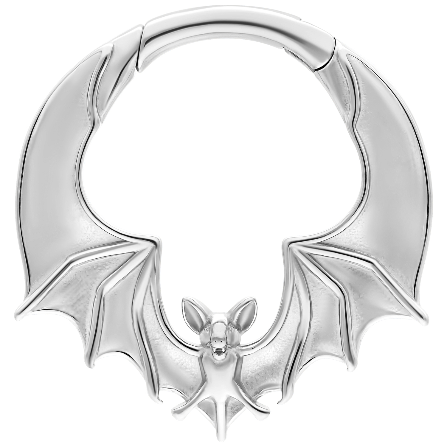 Silberne Bat Ohrgewichte aus Chirurgenstahl Silbernes Ohrgewicht mit Fledermausflügel-Design auf weißem Hintergrund