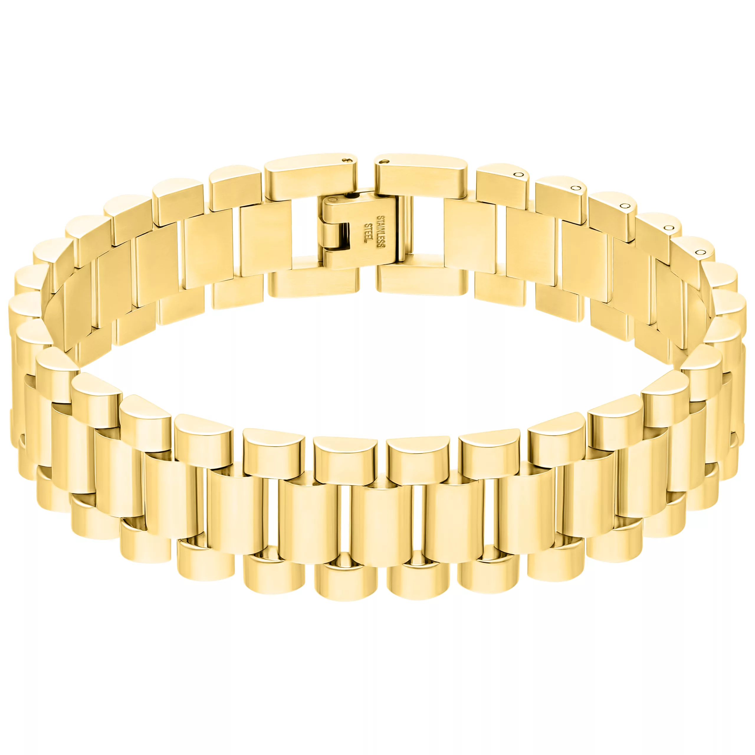 Elegantes goldenes Uhrenarmband aus Chirurgenstahl auf weißem Hintergrund