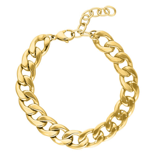 Glänzendes, goldfarbenes Chunky Armband aus Chirurgenstahl auf weißem Hintergrund