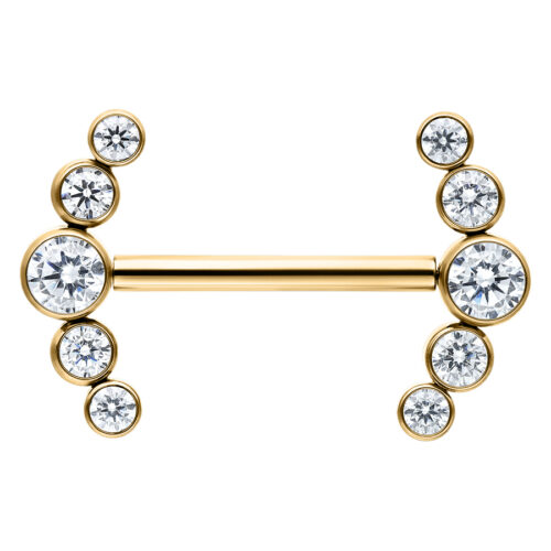 Goldener Barbell mit klaren Kristallen und einer Länge von 14mm auf weißem Hintergrund