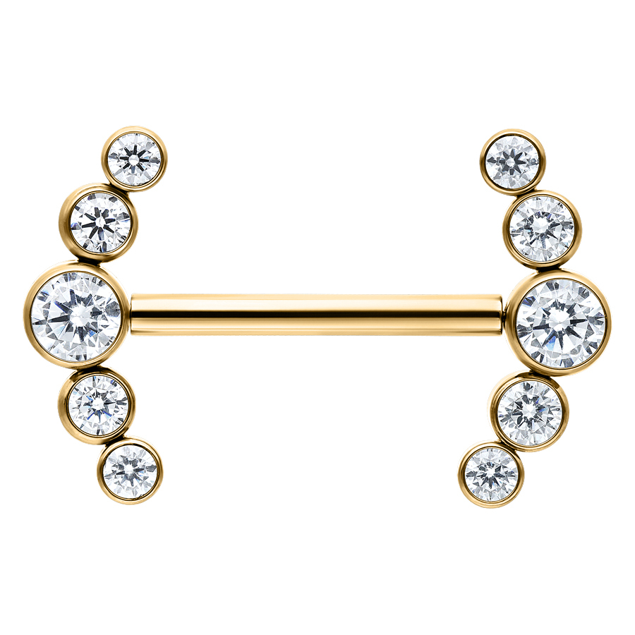 Goldener Barbell mit klaren Kristallen und einer Länge von 14mm auf weißem Hintergrund