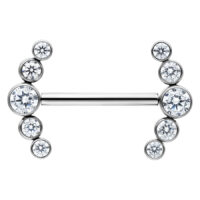Penta Crystal Barbell aus Titan, Silber Silberner Nippel Barbell mit kristallklaren Steinen, symmetrisch angeordnet auf weißem Hintergrund