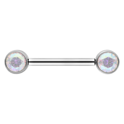 Silbernes Muse Barbell mit Aurora Boreale Kristallen auf weißem Hintergrund