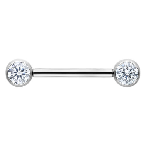 Silberfarbene Muse Barbell mit kristallklaren Steinen, 14mm Länge auf weißem Hintergrund