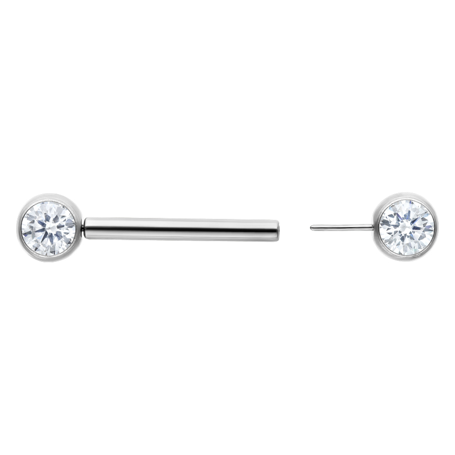Muse Barbell - Weiß, 14.0 mm, Silber Silbernes Barbell mit klarem Kristall, Länge 14 mm, auf weißem Hintergrund