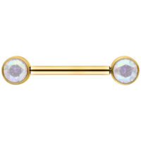 Muse Barbell Aurora Boreale Gold 12mm Goldenes Nippel Barbell mit Aurora Boreale Kristallen auf weißem Hintergrund
