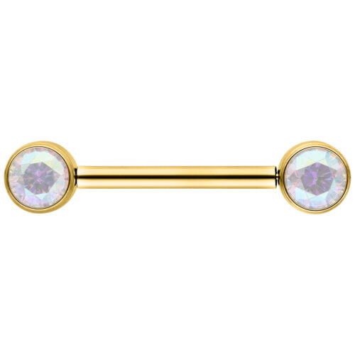 Goldenes Nippel Barbell mit Aurora Boreale Kristallen auf weißem Hintergrund