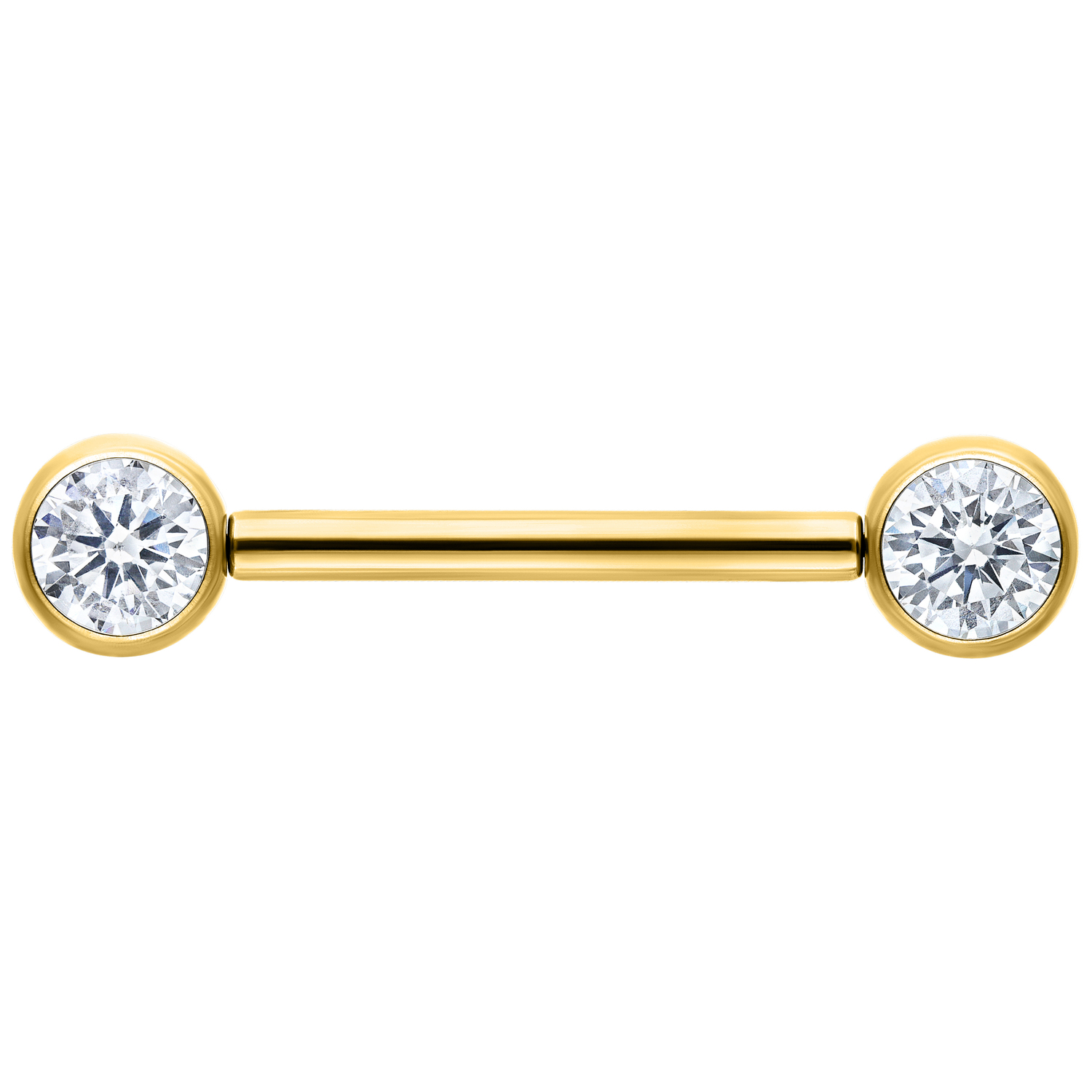 Muse Barbell Gold mit Kristall, 12mm Goldenes Muse Barbell mit kristallklaren Enden auf weißem Hintergrund