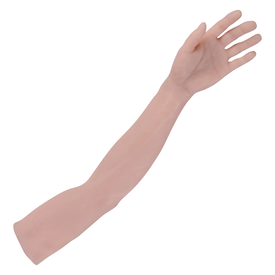 Tattoo Übungsarm aus Silikon in Beige Beiger Silikonarm zum Tätowieren üben, linke Armseite auf weißem Hintergrund