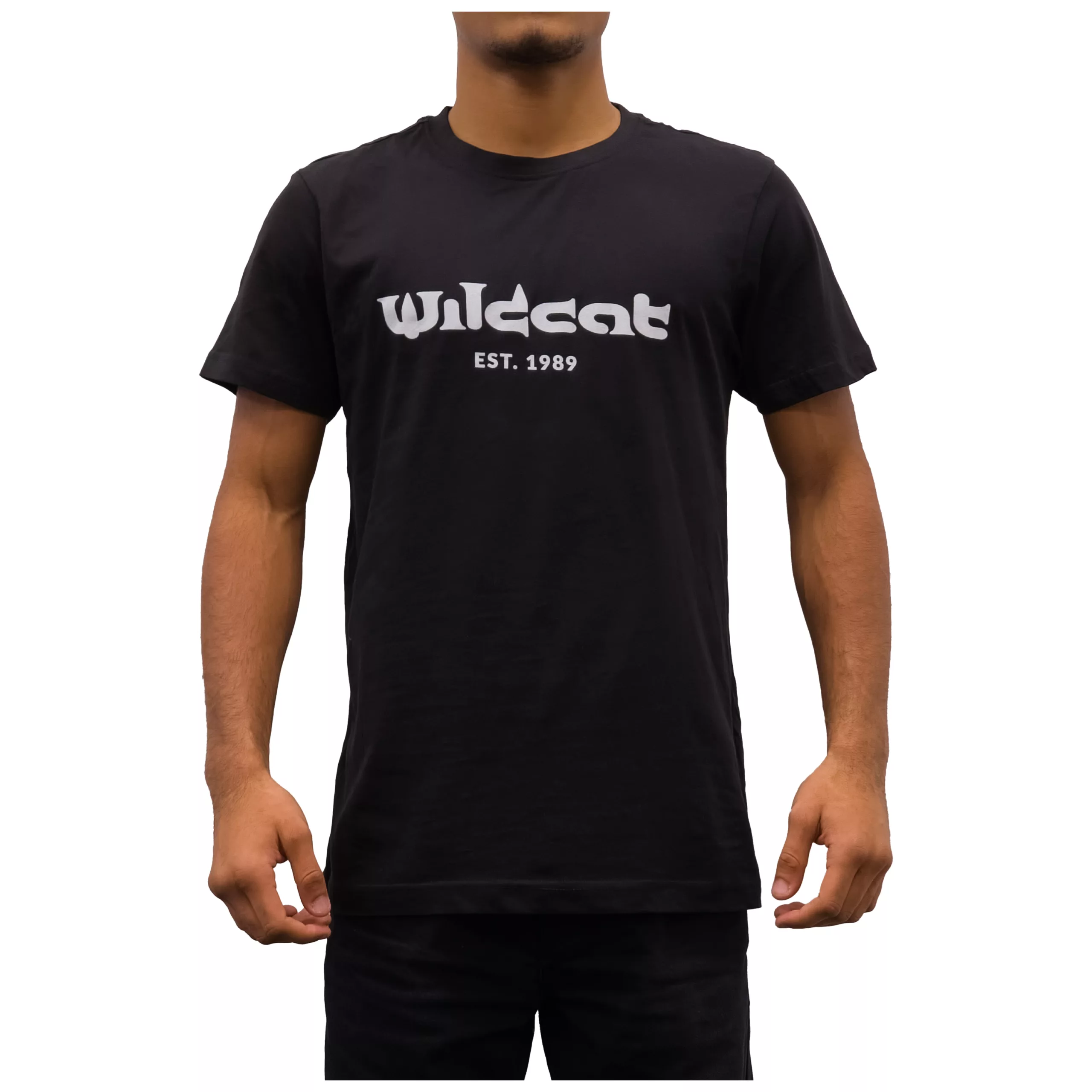 Schwarzes Wildcat T-Shirt mit Logoprint Schwarzes Unisex T-Shirt von Wildcat mit Logoprint auf weißem Hintergrund
