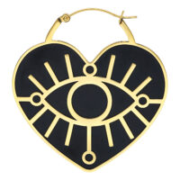 Goldene Soulmate Hoops Ohrringe mit Auge Goldene herzförmige Ohrringe mit schwarzem Auge-Design auf weißem Hintergrund