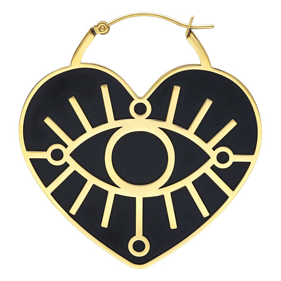 Goldene herzförmige Ohrringe mit schwarzem Auge-Design auf weißem Hintergrund