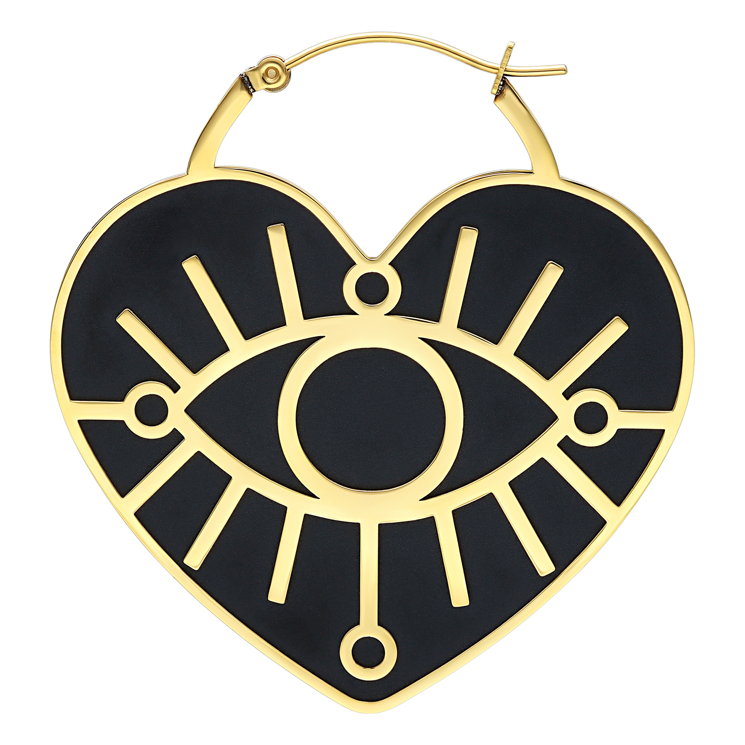 Goldene Soulmate Hoops Ohrringe mit Auge Goldene herzförmige Ohrringe mit schwarzem Auge-Design auf weißem Hintergrund