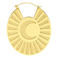 Goldene Moonshine Hoops Ohrringe aus Chirurgenstahl Goldene Ohrringe mit Mond-Design aus hochglanzpoliertem Chirurgenstahl auf weißem Hintergrund