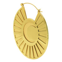 Goldene Moonshine Hoops Ohrringe, Hochglanzpoliert Goldene, runde Ohrringe aus Chirurgenstahl mit Sonnenstrahlenmuster auf weißem Hintergrund
