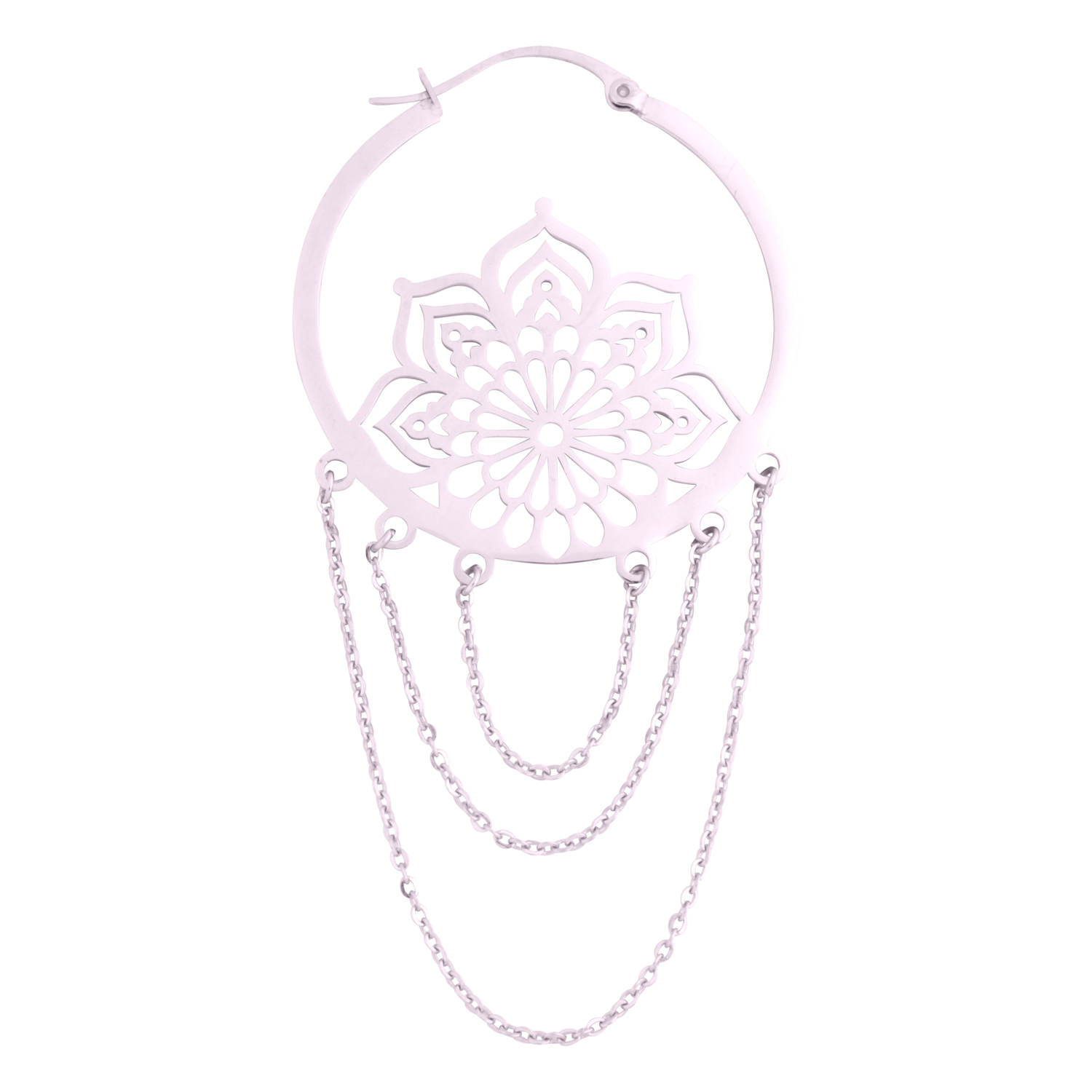 Silberne La Fleur Ohrringe mit Blumendesign und Ketten auf weißem Hintergrund