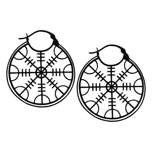 Zwei schwarze Edelstahl-Ohrringe mit Helm of Awe Symbol auf weißem Hintergrund