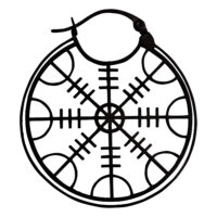 Runder schwarzer Edelstahl-Ohrring mit Helm of Awe Design auf weißem Hintergrund