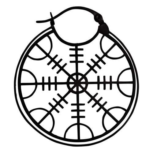 Runder schwarzer Edelstahl-Ohrring mit Helm of Awe Design auf weißem Hintergrund