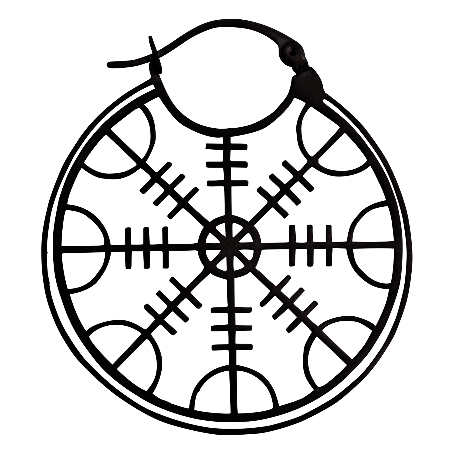 Runder schwarzer Edelstahl-Ohrring mit Helm of Awe Design auf weißem Hintergrund