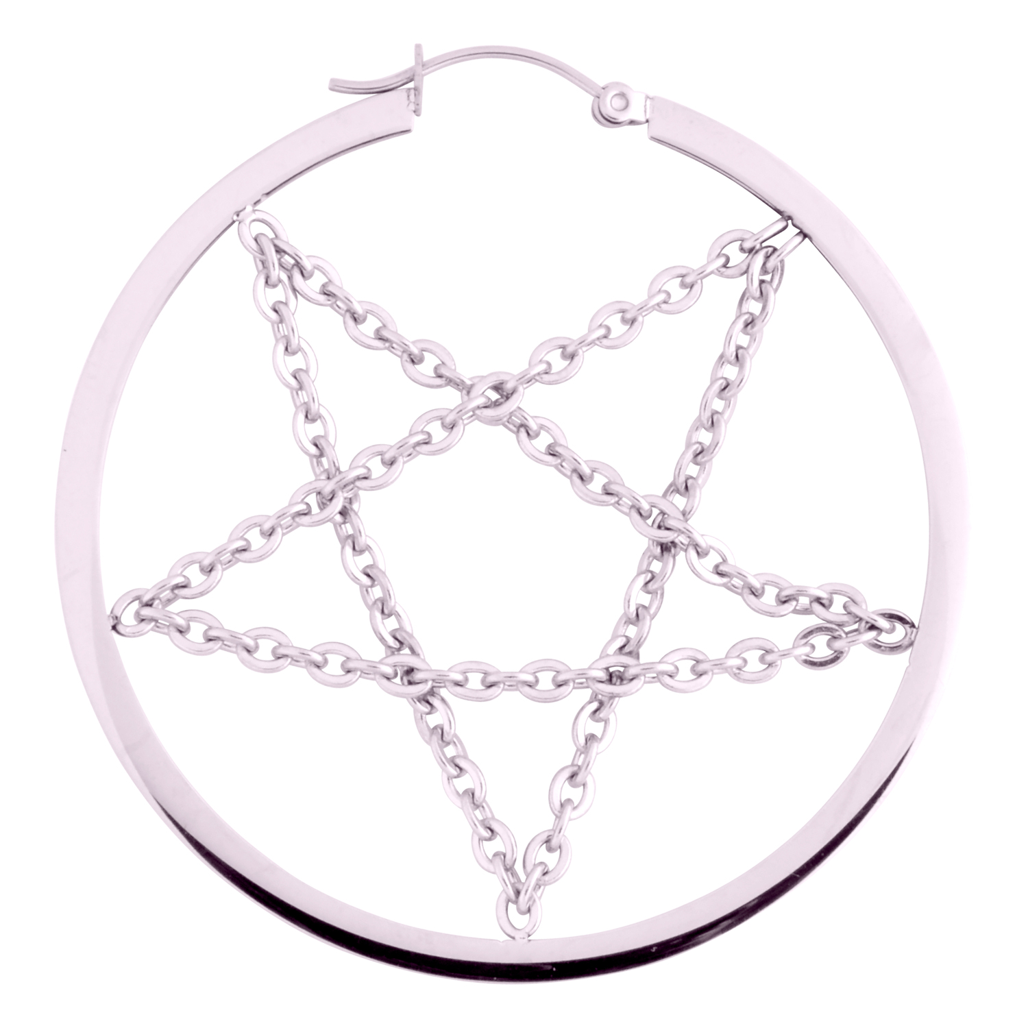 Silberne Pentagram Chain Hoops aus Chirurgenstahl auf weißem Hintergrund