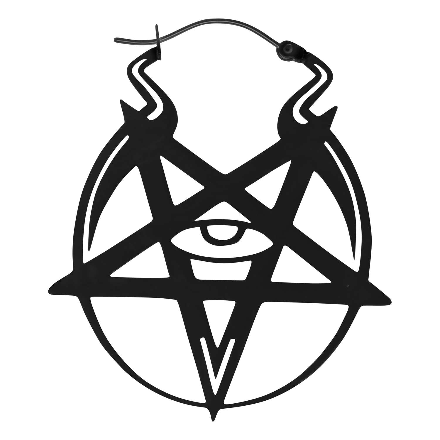 Schwarze Devil Eye Hoops aus Edelstahl auf weißem Hintergrund