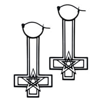 Zwei schwarze Kreuz-Pentagramm-Ohrringe aus Chirurgenstahl auf weißem Hintergrund