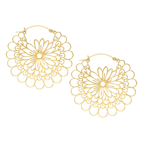 Goldene Daisy Hoops Ohrringe aus Chirurgenstahl auf weißem Hintergrund